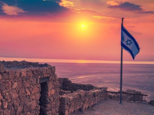 Beautiful sunrise over Masada fortress. Ruins of King Herod’s pa